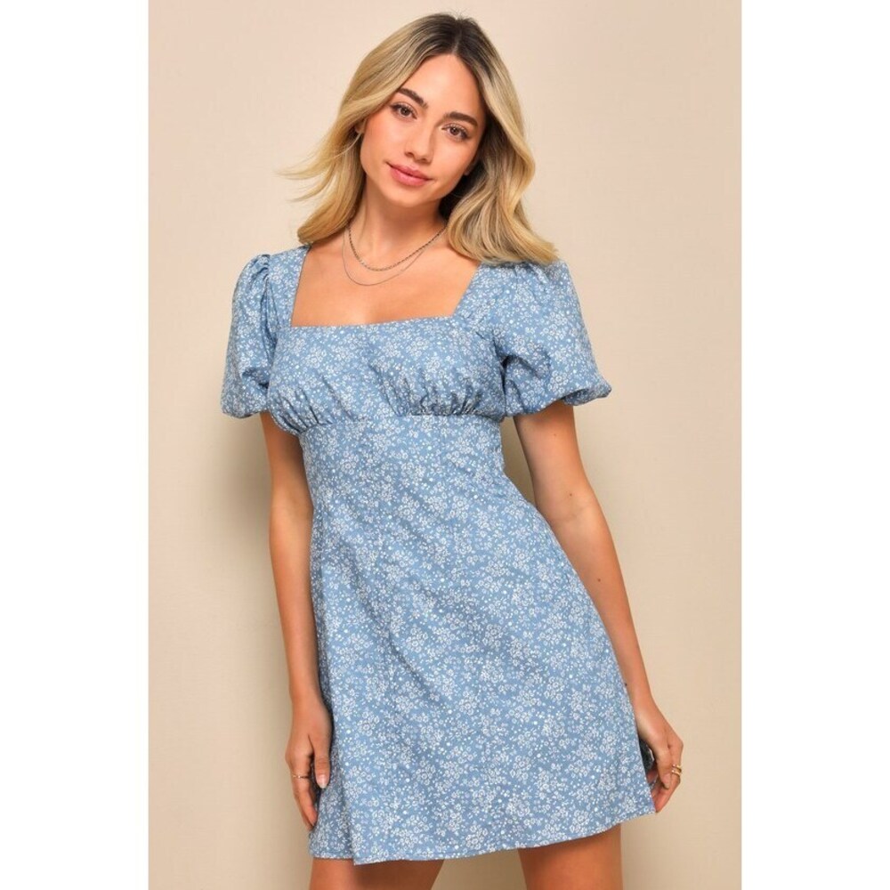 Lulus Flawless Darling Blue Floral Chambray Tie-back Mini Dress - Size M